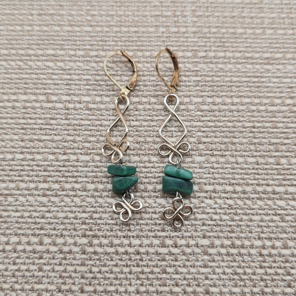 Sterling Silver Handmade Malachite Stone Dangle Earrings A5689
